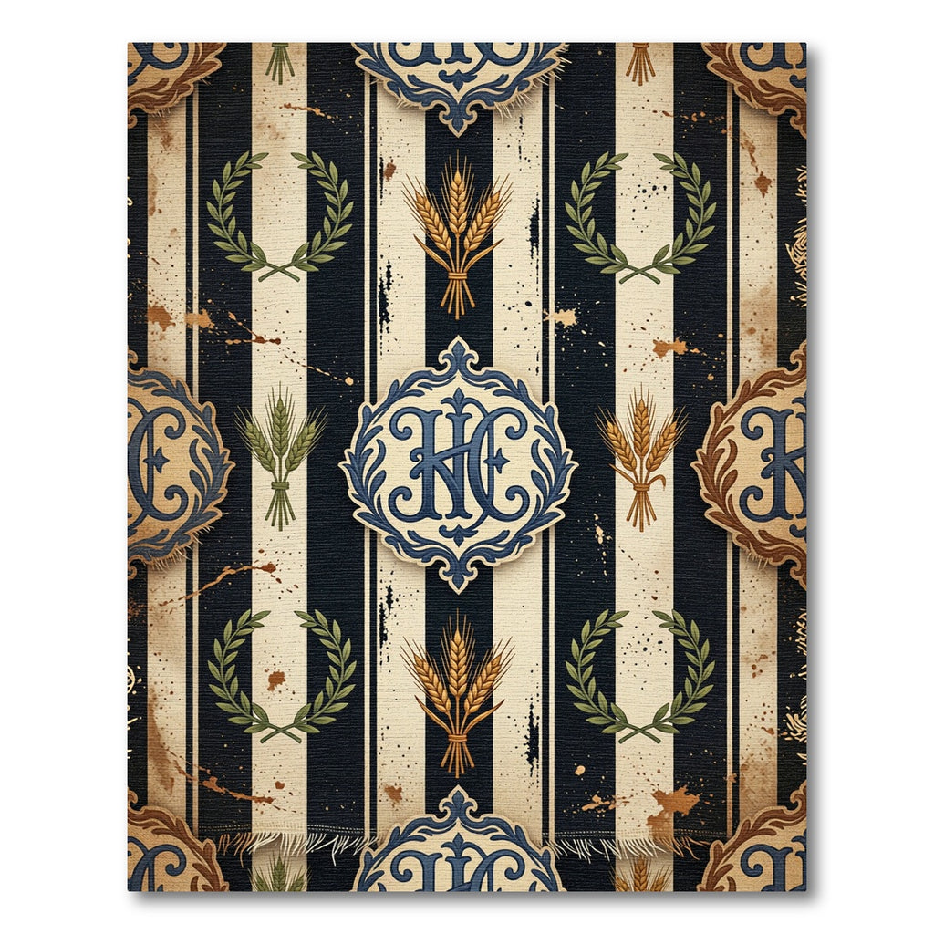 Vintage Navy Striped Wheat Regal Monogram Rug