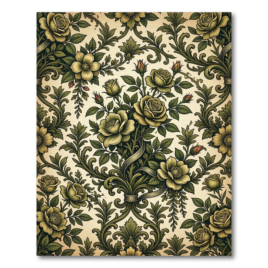 Antique Green Floral Scroll Bouquet Rug