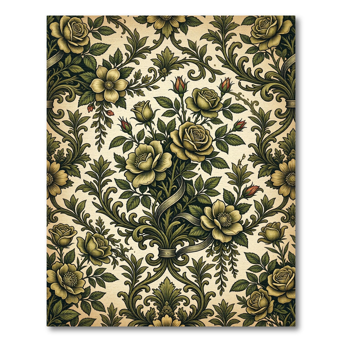 Antique Green Floral Scroll Bouquet Rug