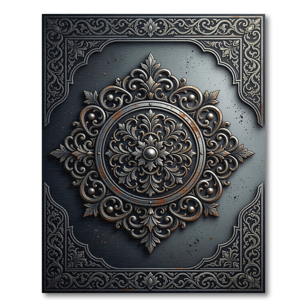Ornate Silver Filigree Medallion Charcoal Grey Rug