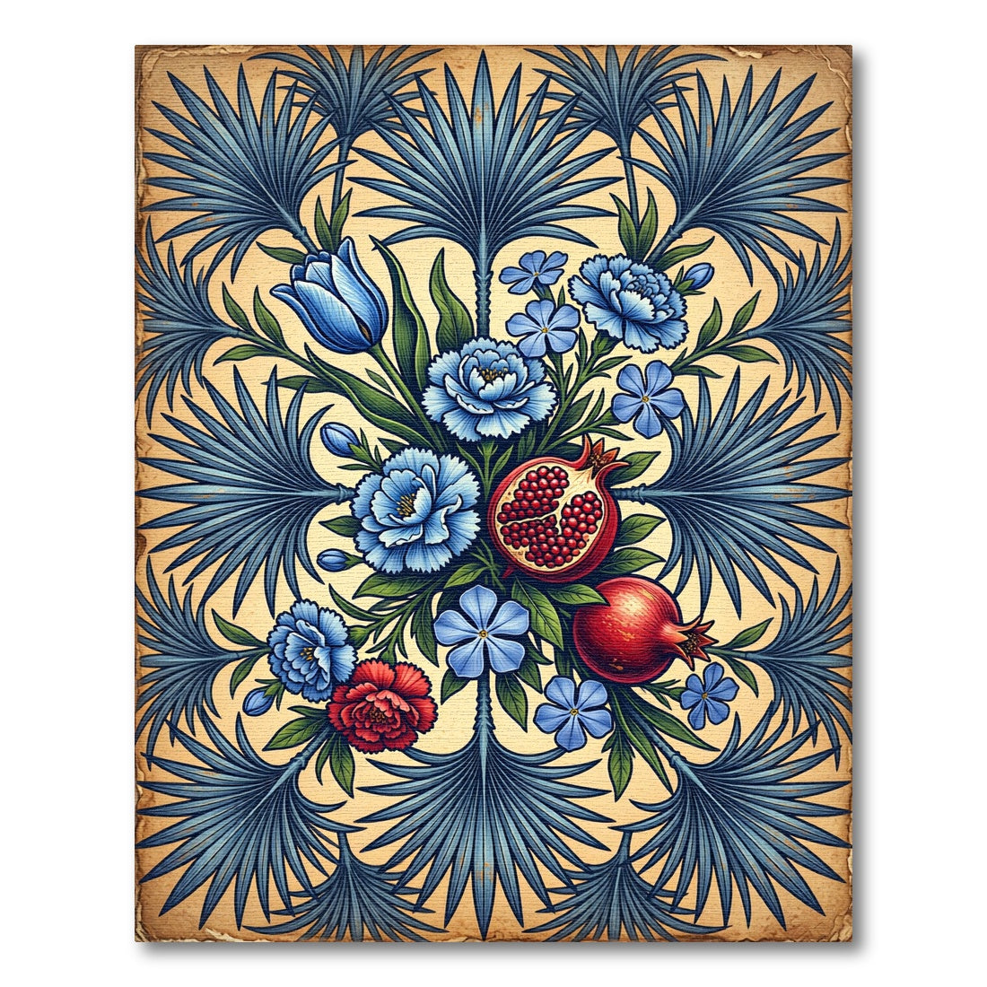 Crimson Pomegranate Blue Floral Fan Rug