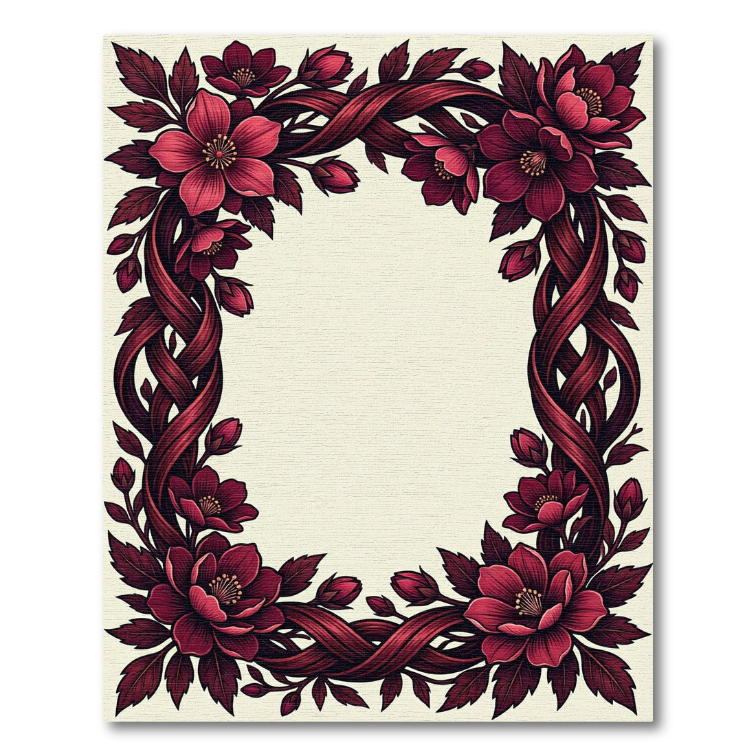 Dark Crimson Intertwined Floral Botanical Frame Rug