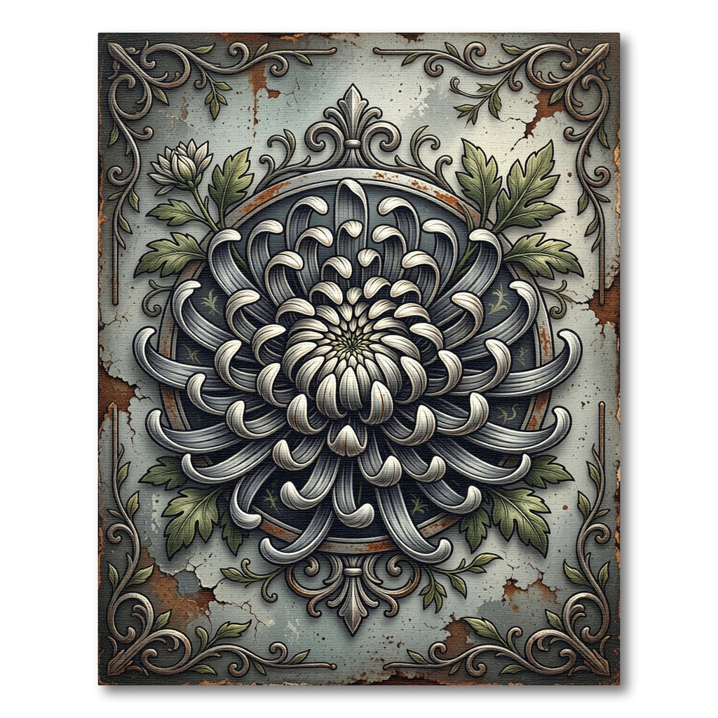 Vintage Silver Chrysanthemum Floral Medallion Rug