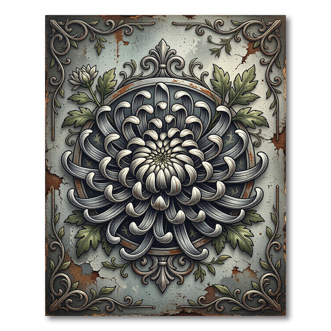 Vintage Silver Chrysanthemum Floral Medallion Rug