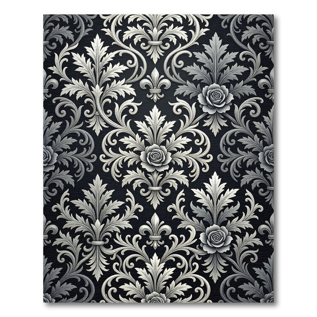 Black Silver Damask Rose Foliage Scrolls Rug