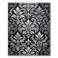 Black Silver Damask Rose Foliage Scrolls Rug