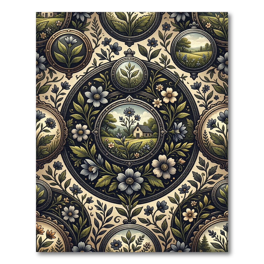 Vintage Farmhouse Floral Landscape Frames Rug