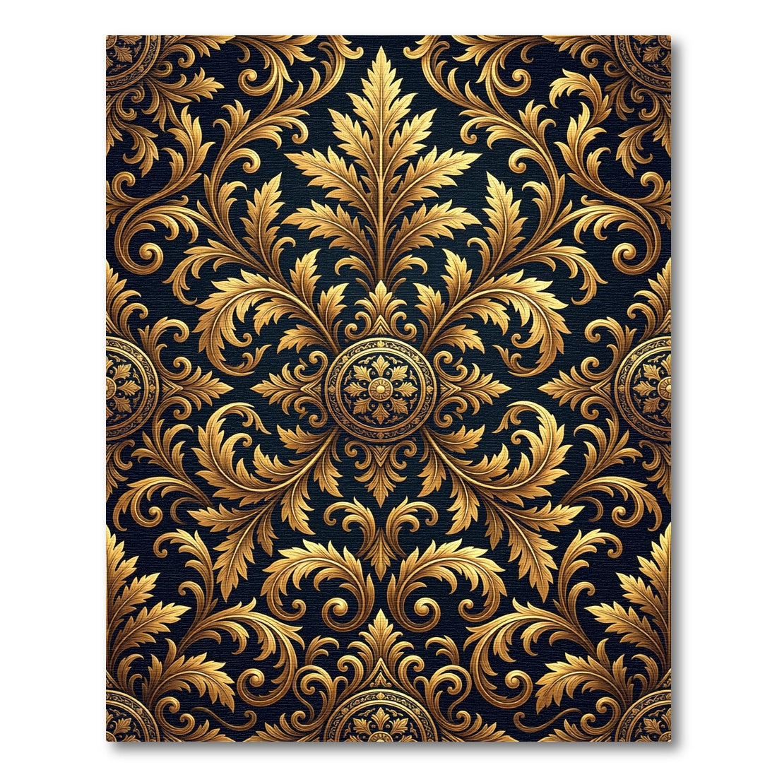 Ornate Gold Acanthus Damask Navy Rug