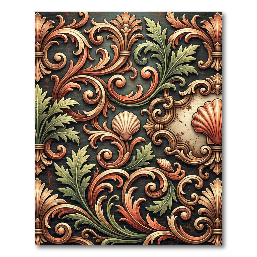 Ornate Gold and Sage Baroque Shell Rug
