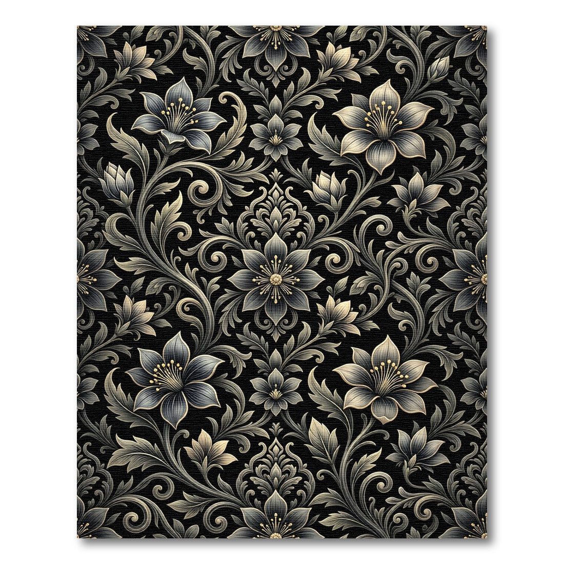 Ornate Black Floral Damask Rug