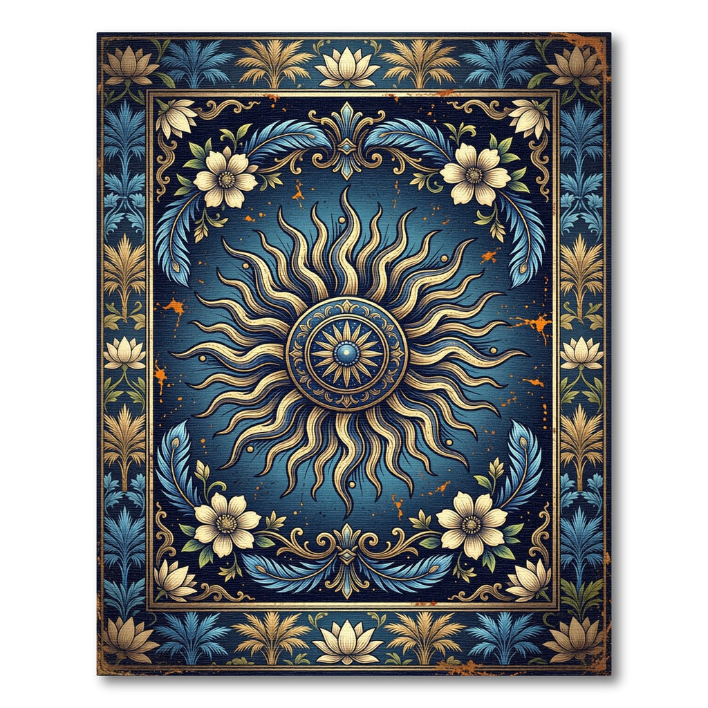 Celestial Golden Sun Blue Floral Medallion Rug