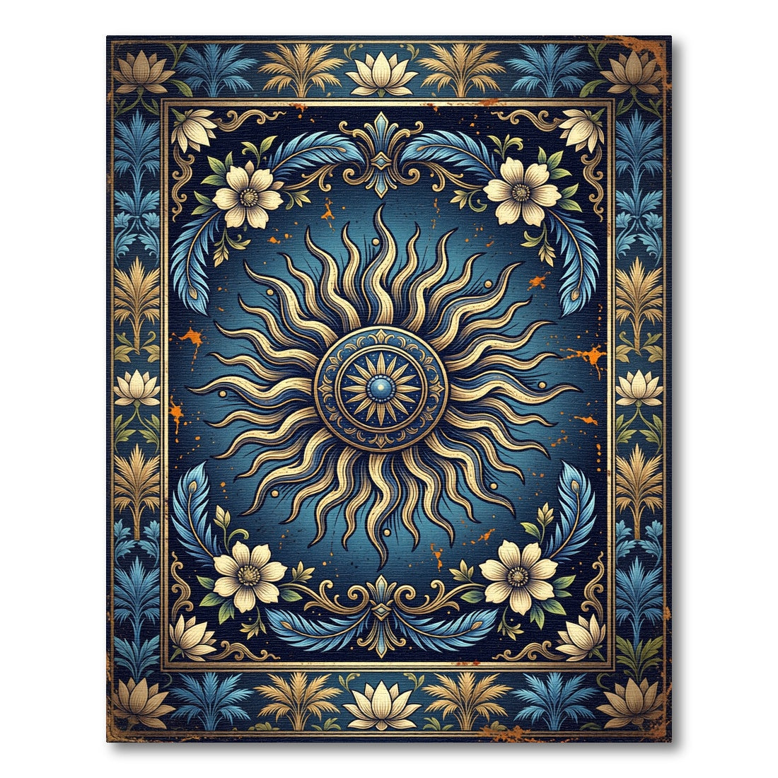 Celestial Golden Sun Blue Floral Medallion Rug