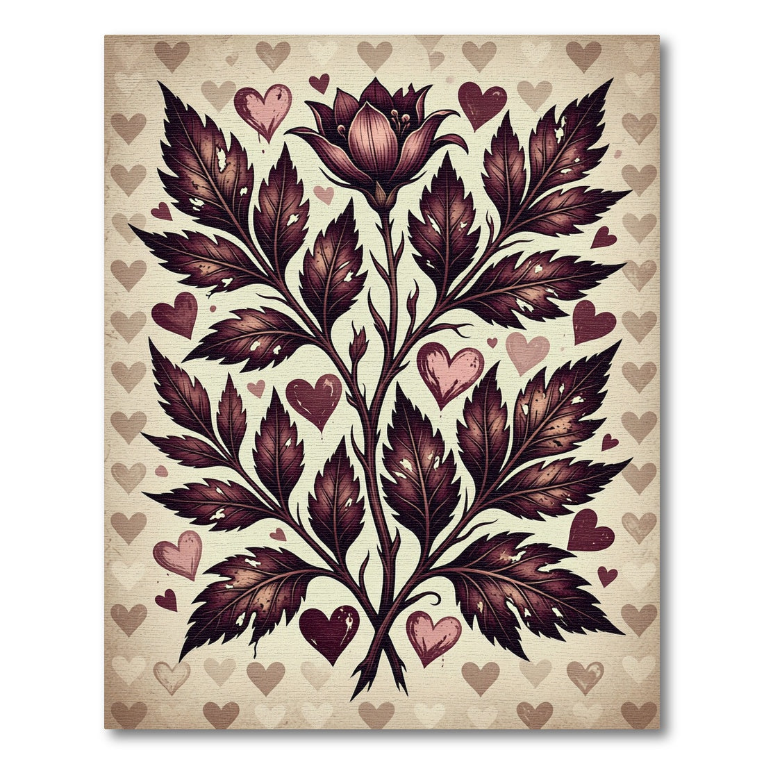Romantic Maroon Foliage and Heart Accent Rug