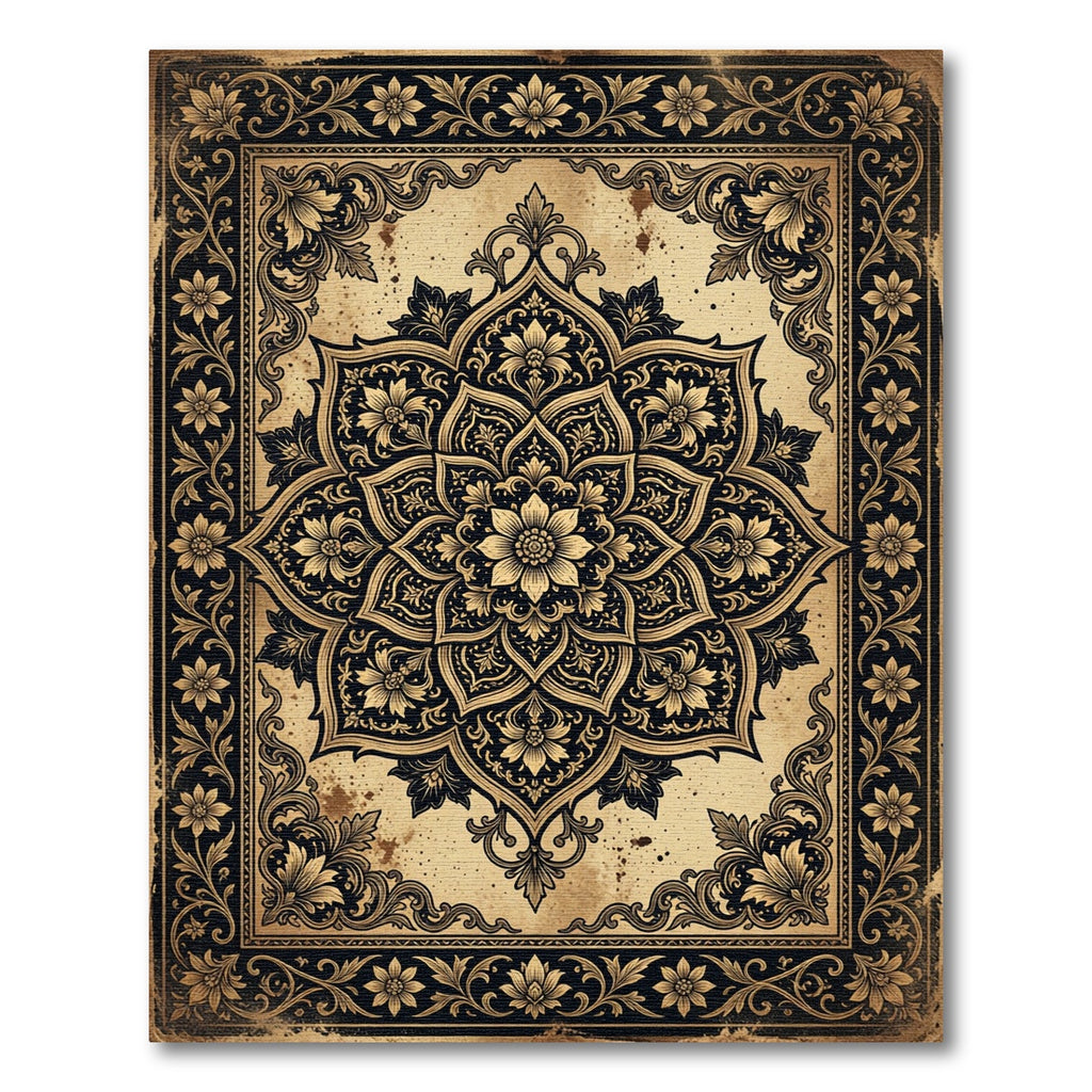 Antique Gold Ornate Floral Mandala Rug
