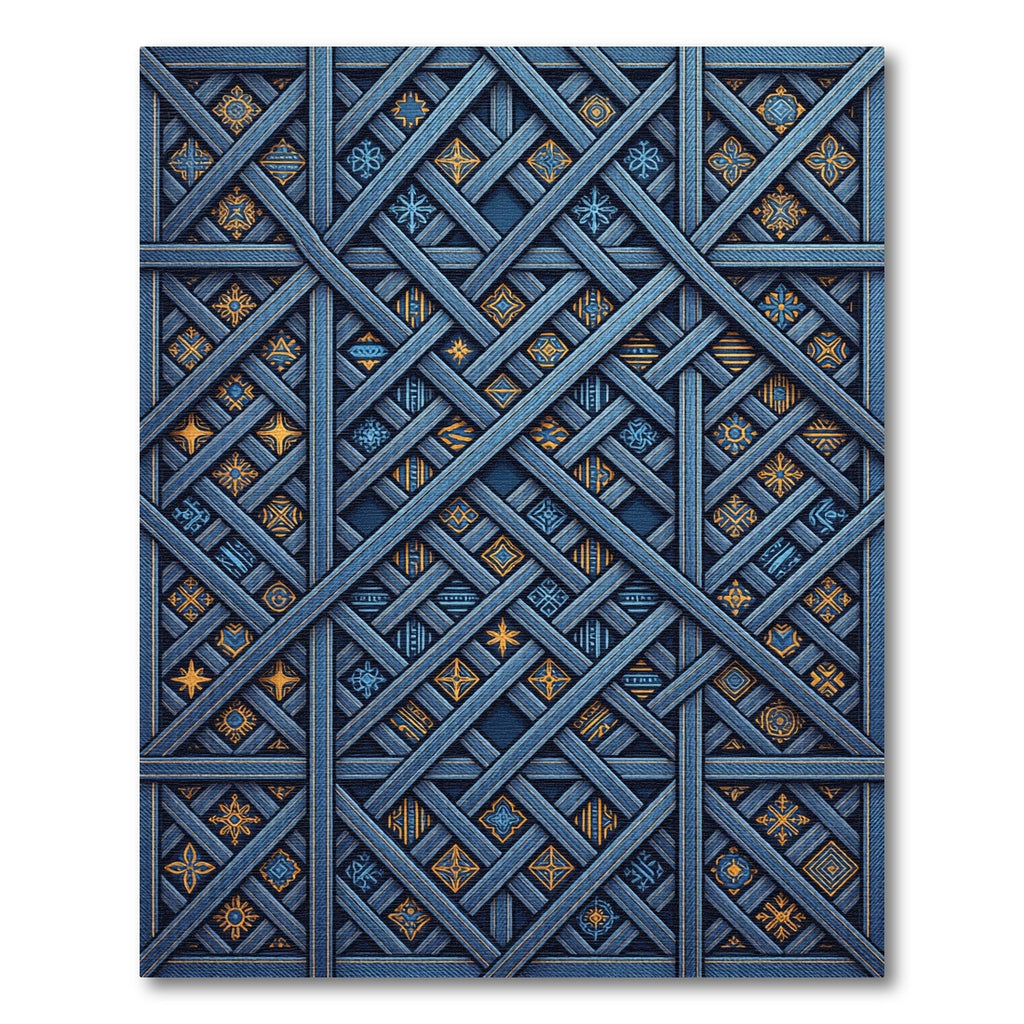 Blue Geometric Interlocking Lattice Grid Rug