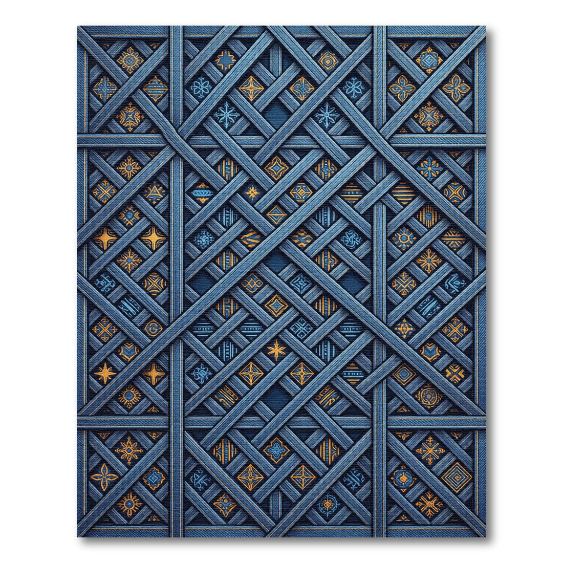 Blue Geometric Interlocking Lattice Grid Rug