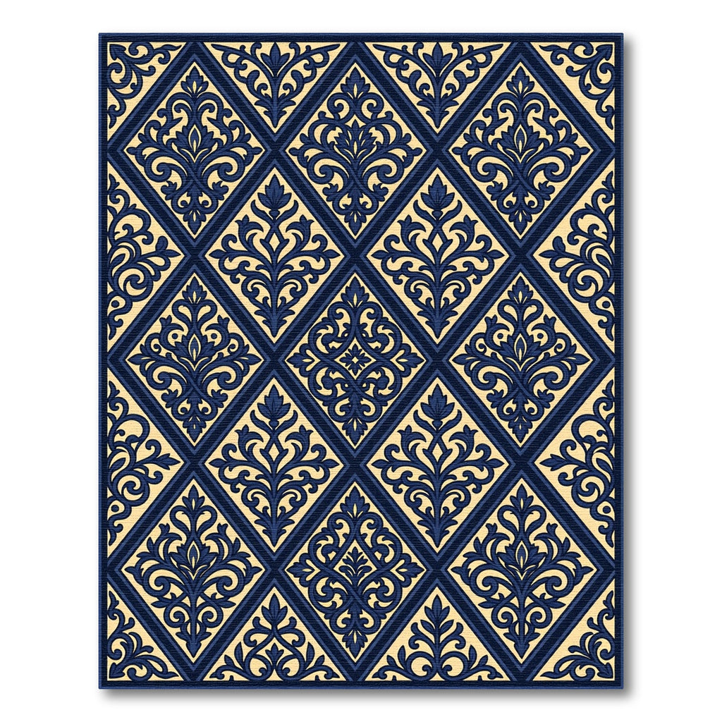 Elegant Navy And Cream Damask Diamond Rug