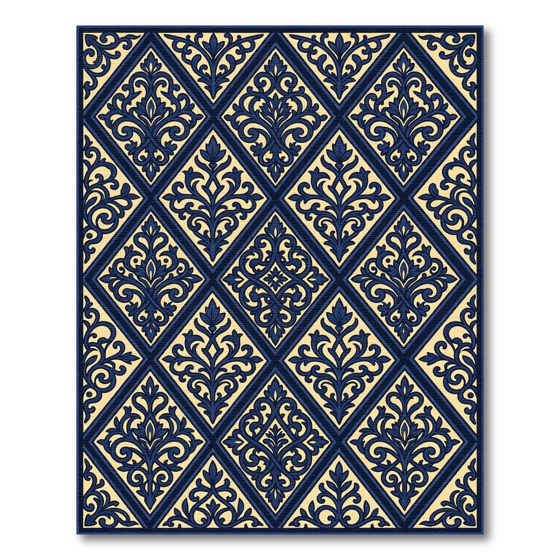 Elegant Navy And Cream Damask Diamond Rug