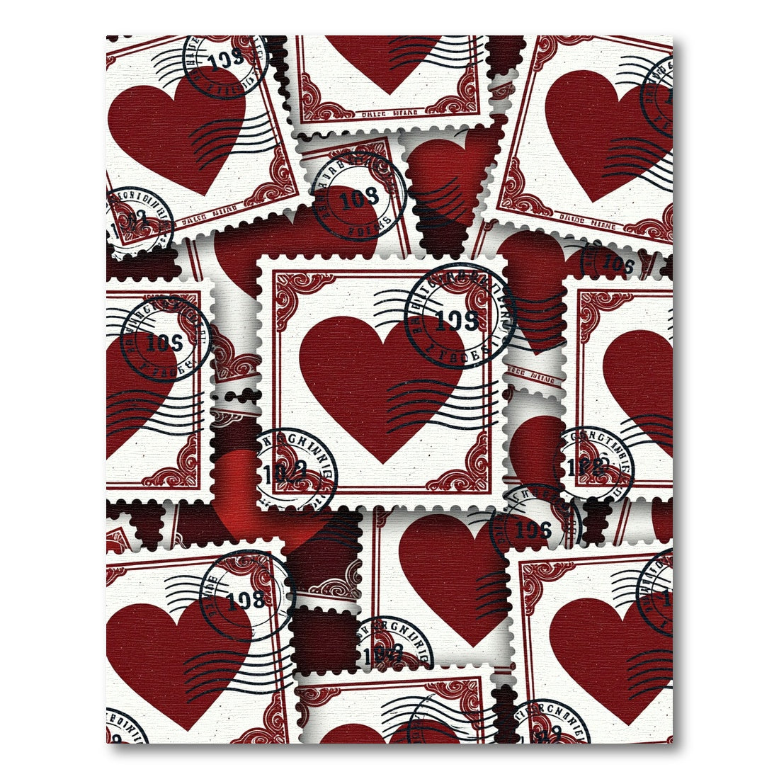 Deep Red Heart Postage Stamp Collage Rug