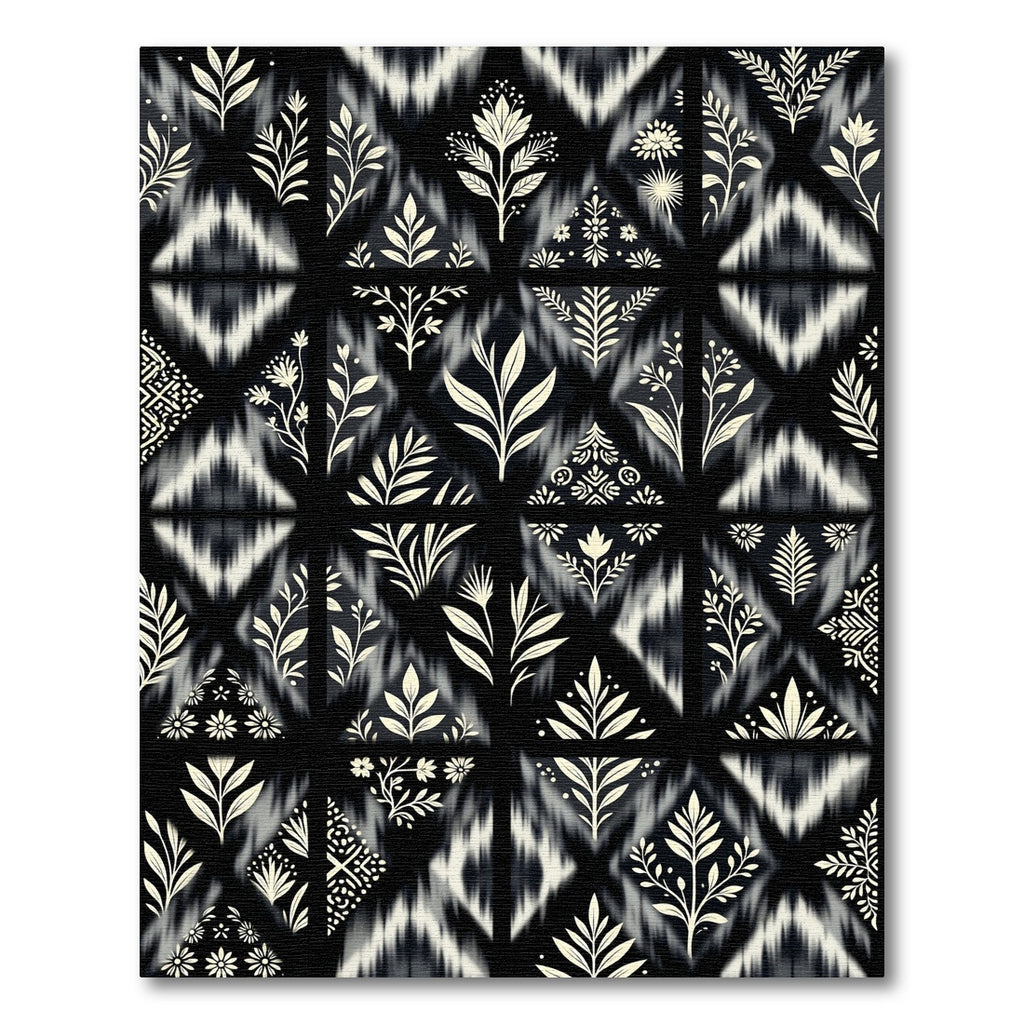 Black and Cream Botanical Diamond Rug