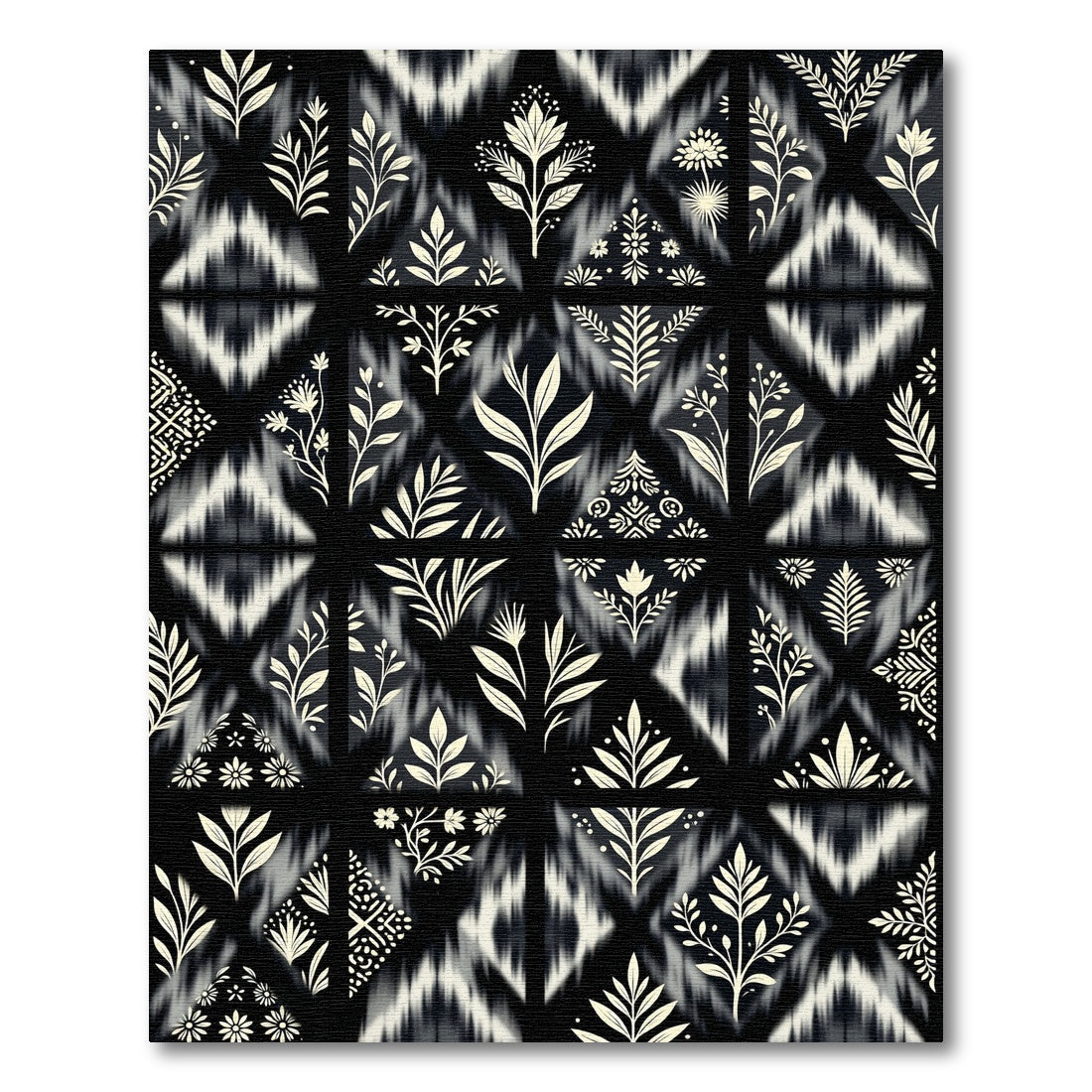 Black and Cream Botanical Diamond Rug