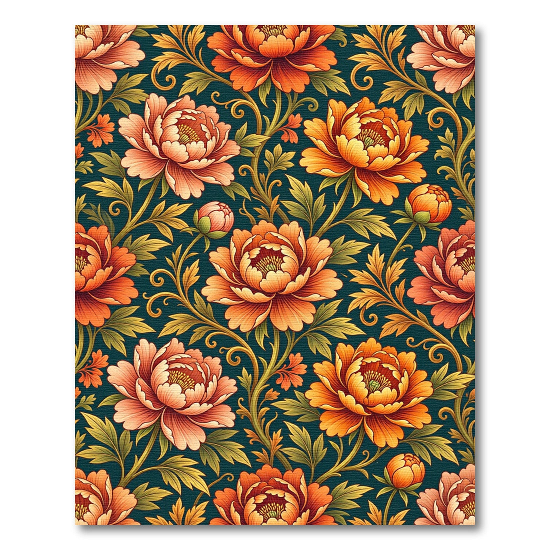 Vibrant Orange Peony Floral Scroll Rug