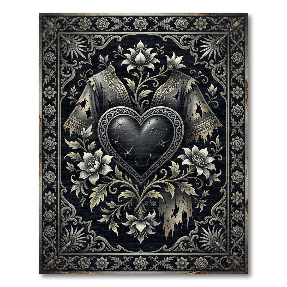Gothic Black Heart Floral Relief Rug