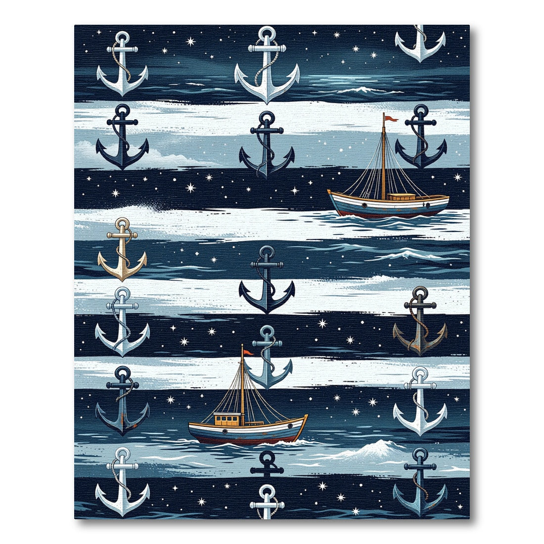 Navy Nautical Anchor and Boat Striped Rug