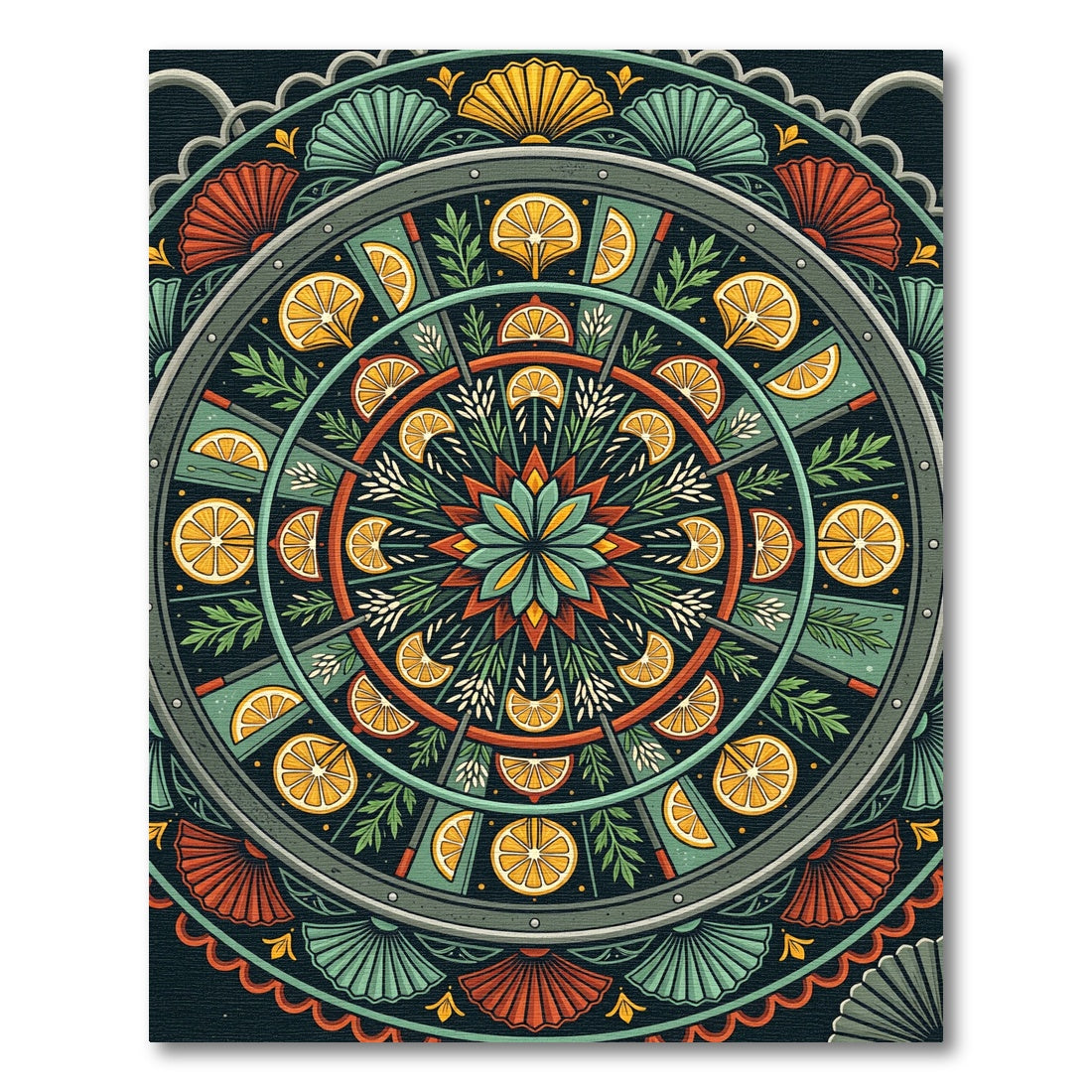 Citrus Medallion Green Red Yellow Folk Art Rug
