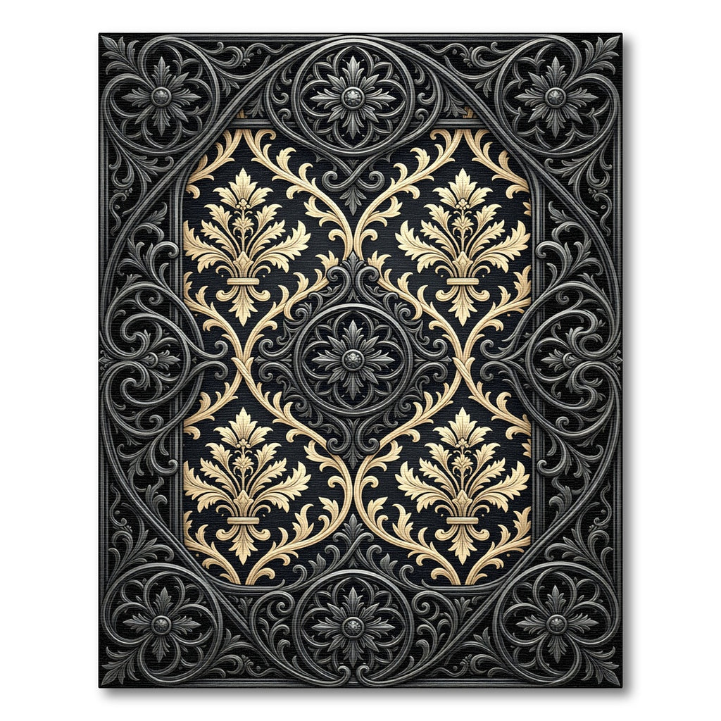 Ornate Black Gold Damask Filigree Rug