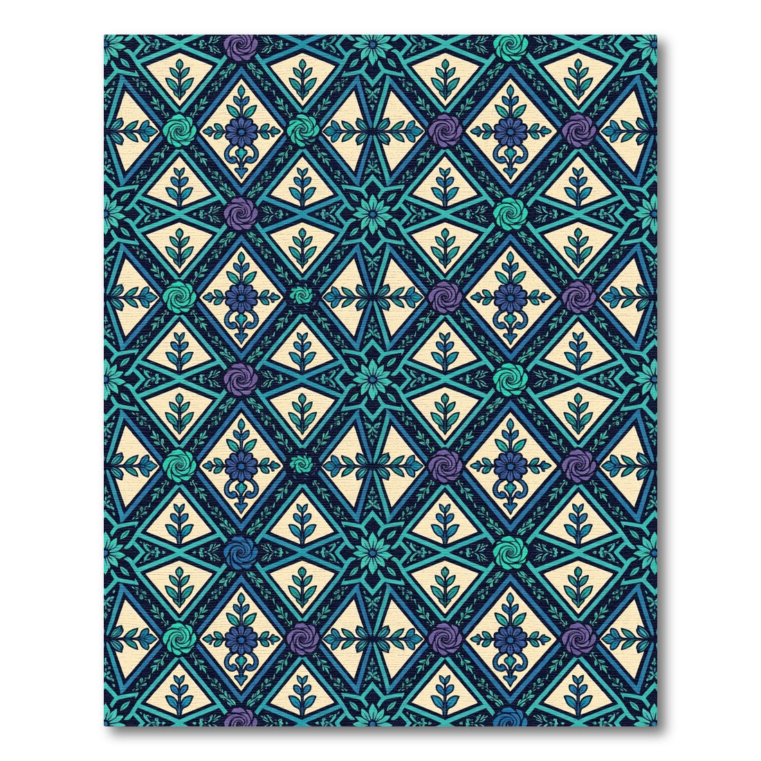 Teal Blue Geometric Rose Medallion Rug