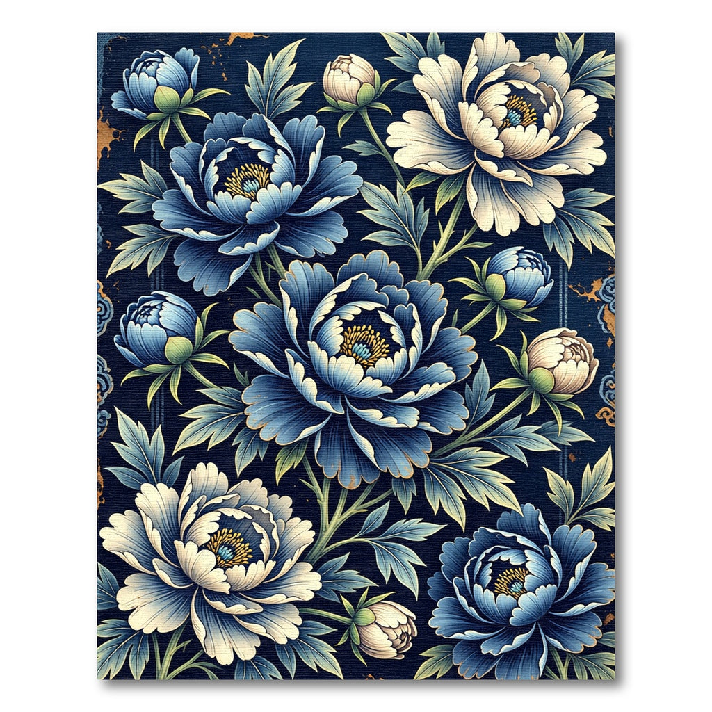 Elegant Indigo Peony Botanical Arrangement Rug