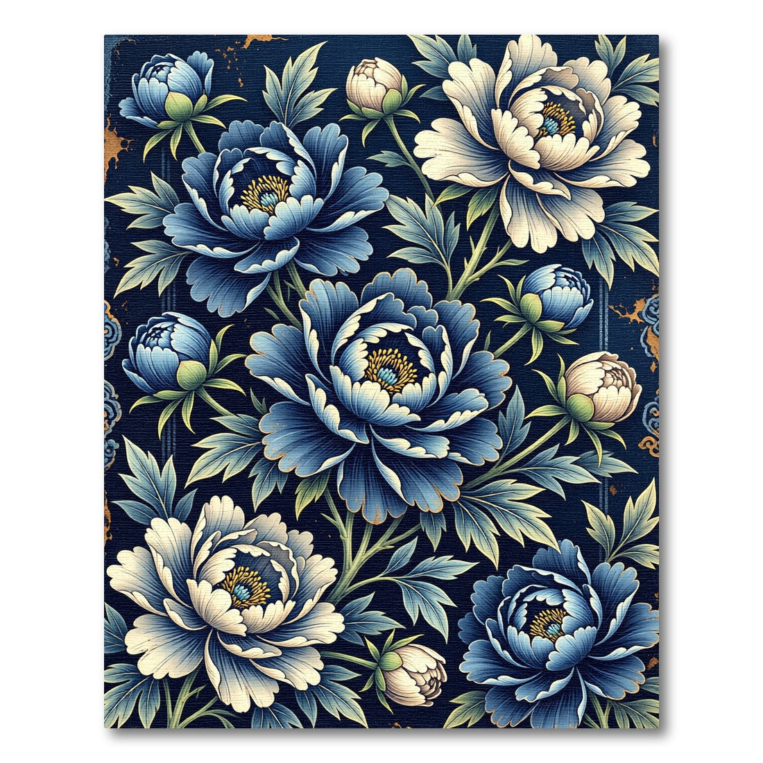 Elegant Indigo Peony Botanical Arrangement Rug