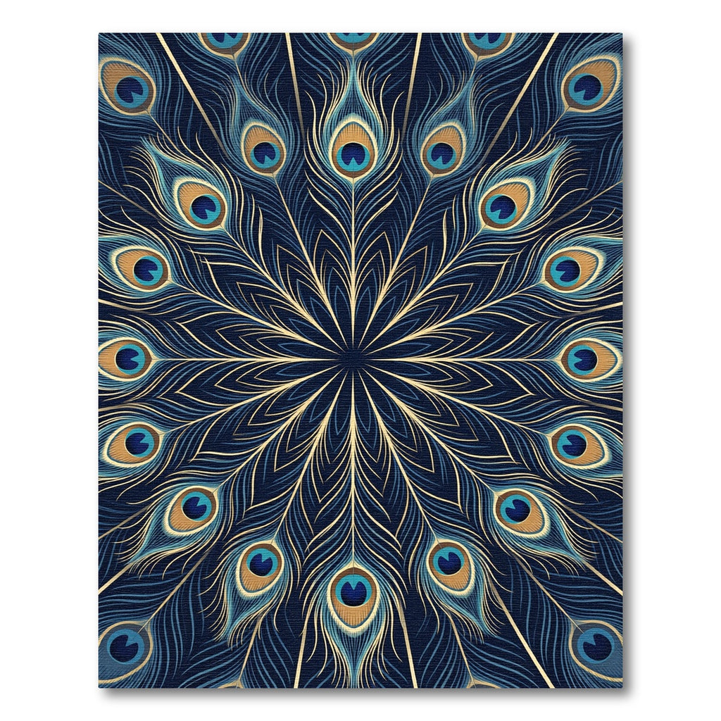Peacock Feather Circular Navy Gold Art Rug