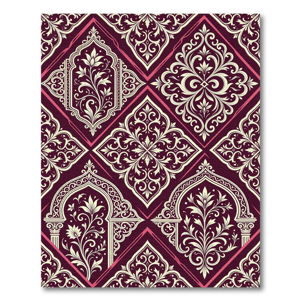 Damask Burgundy Cream Ornate Geometric Lattice Rug