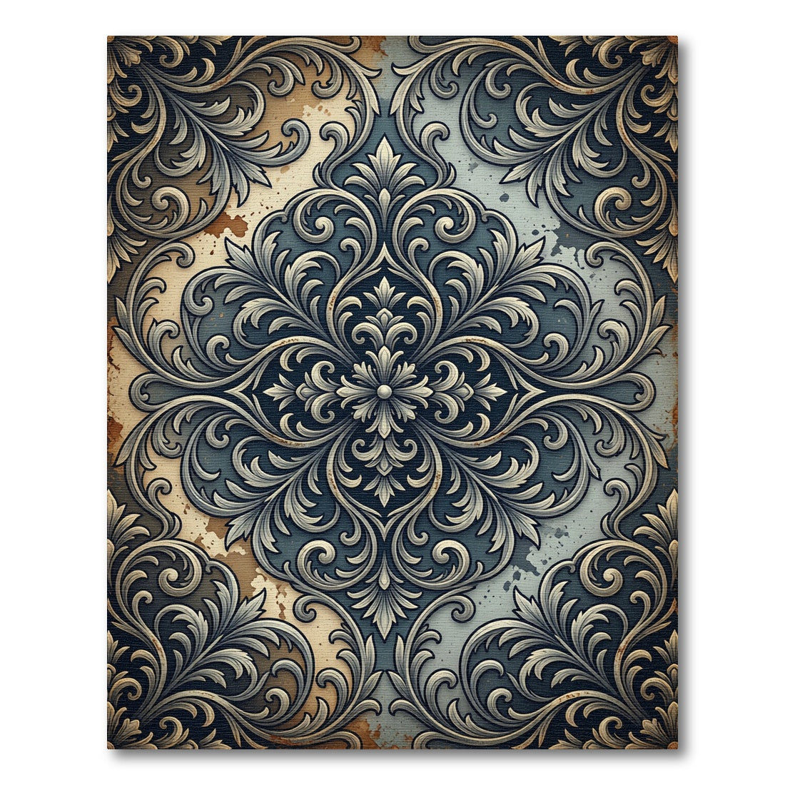 Elegant Damask Scrollwork Slate Beige Rug