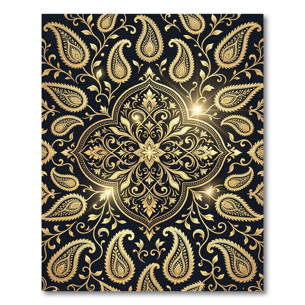Elegant Golden Paisley Black Damask Rug