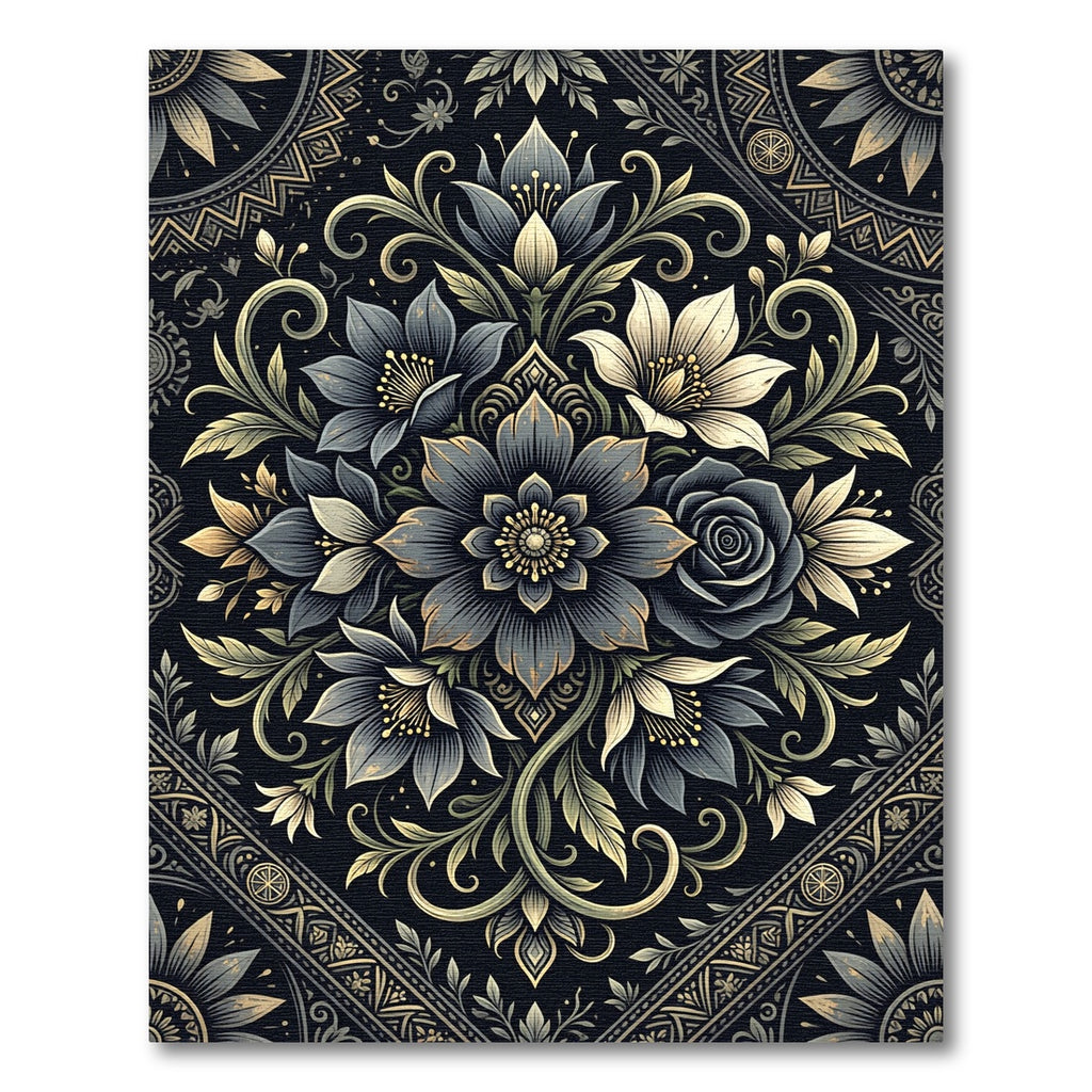Elegant Charcoal Gold Floral Medallion Rug