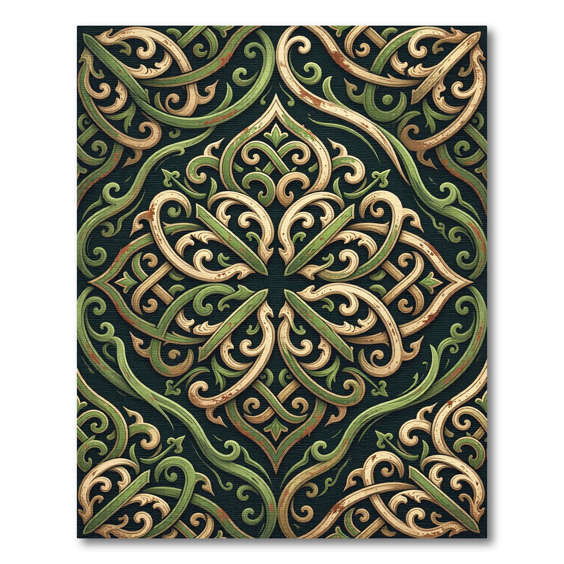Ornate Olive and Gold Scrollwork Rug