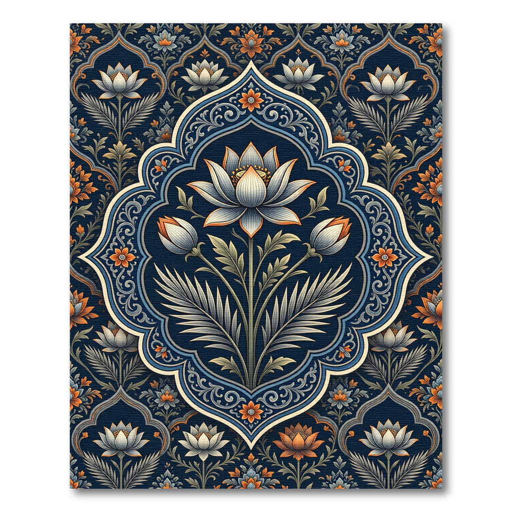Elegant Navy Lotus Floral Medallion Rug