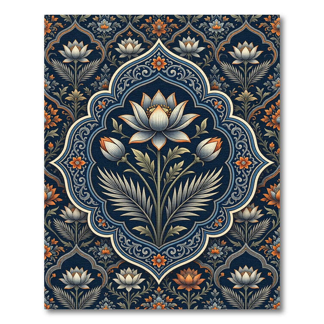 Elegant Navy Lotus Floral Medallion Rug