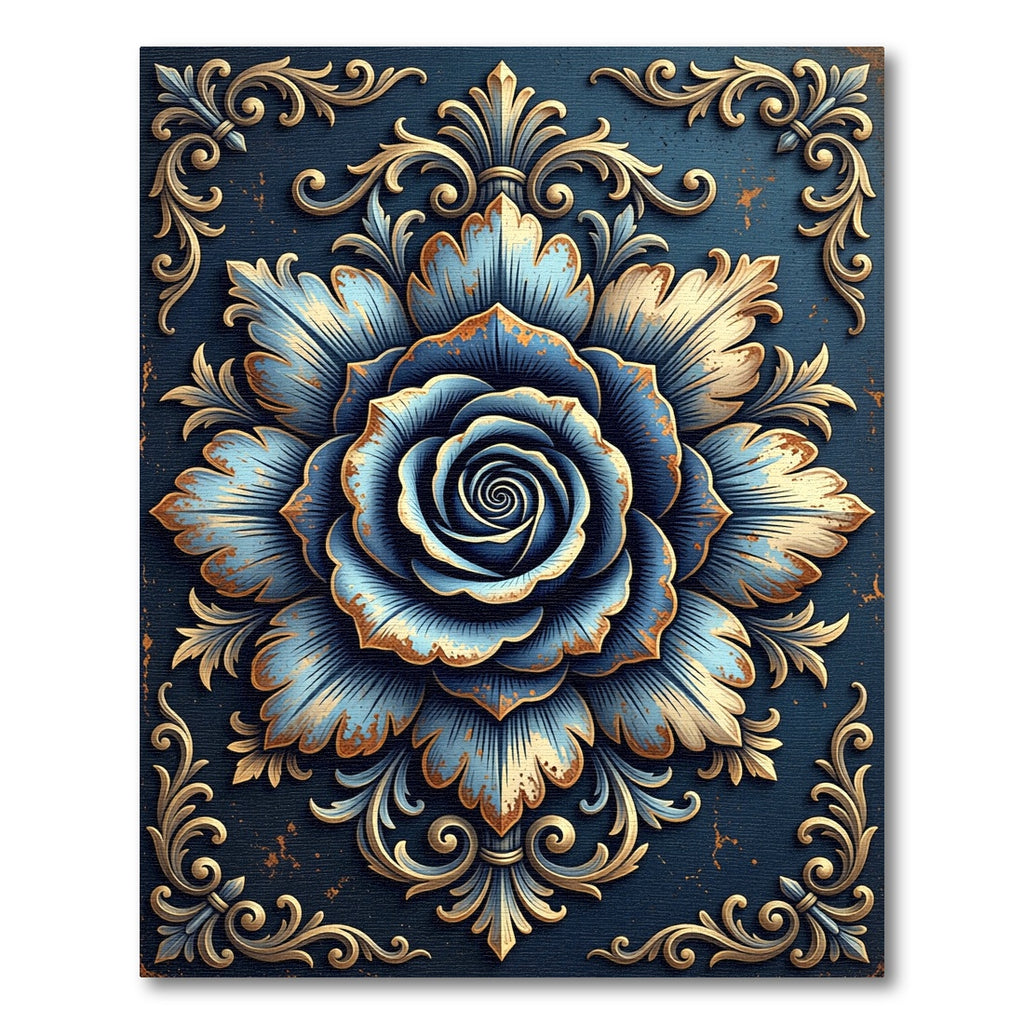 Classic Blue Gold Floral Medallion Rug