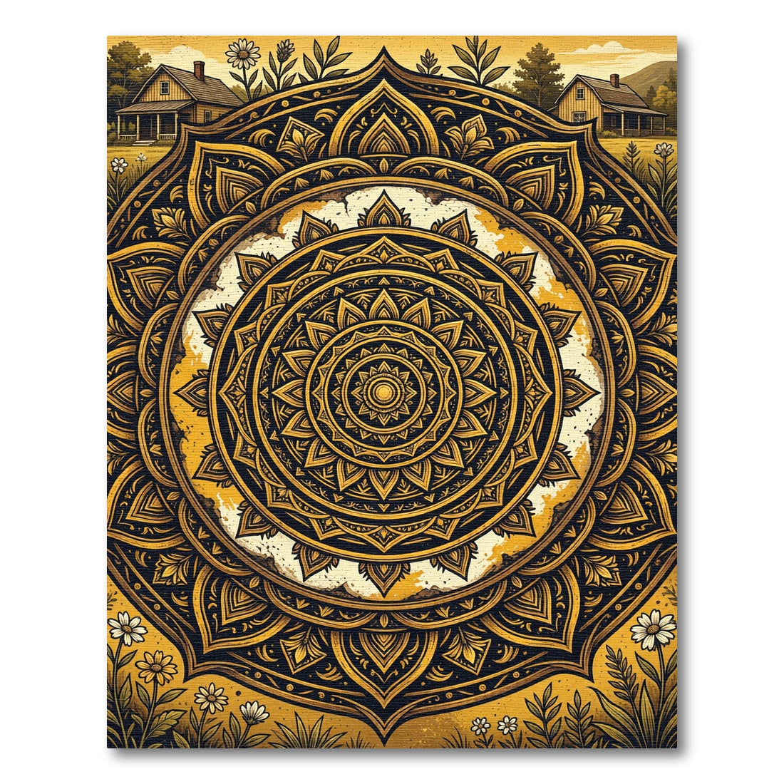 Golden Mandala Farmhouse Floral Art Rug