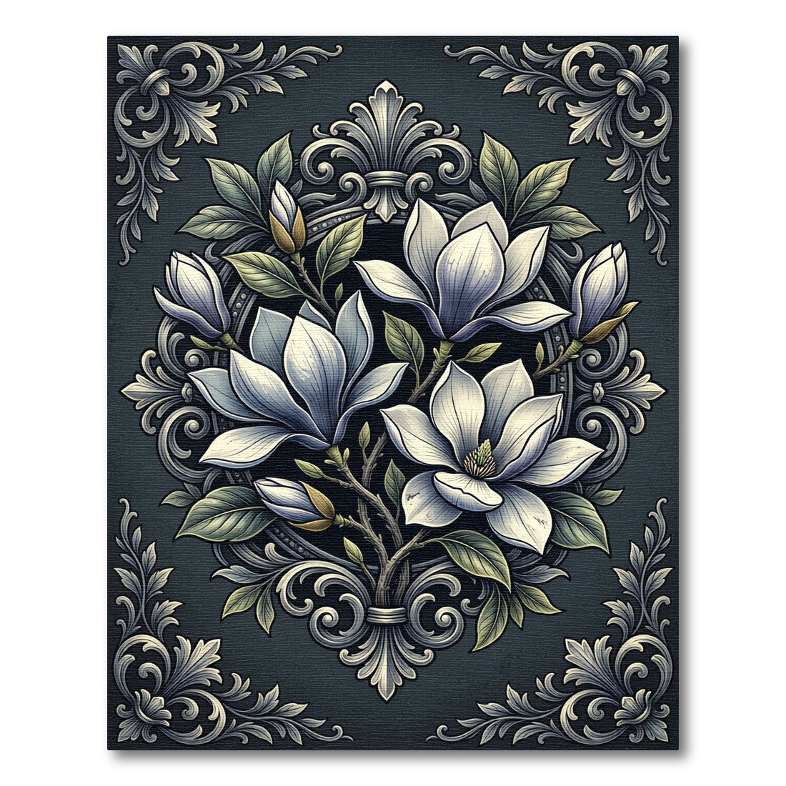 Elegant Charcoal Magnolia Floral Medallion Rug