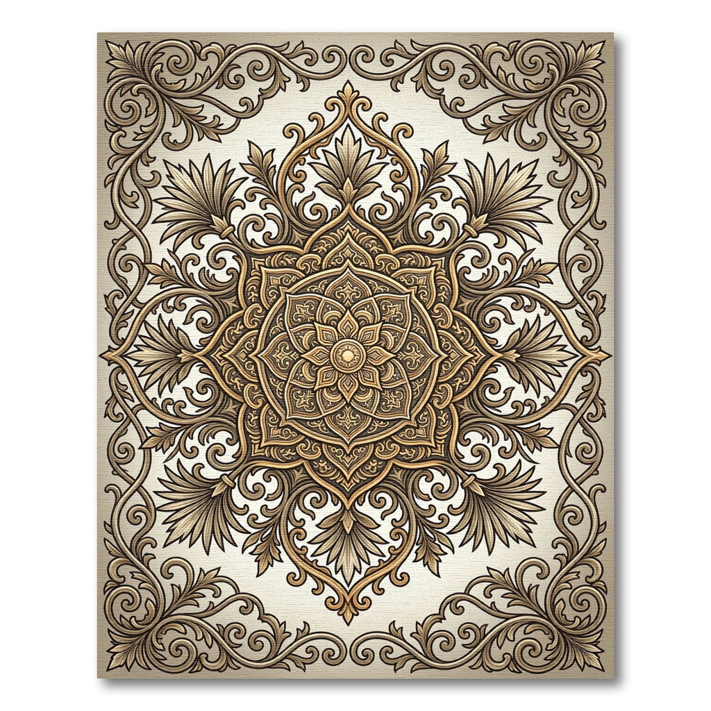 Ornate Gold Filigree Mandala Rug
