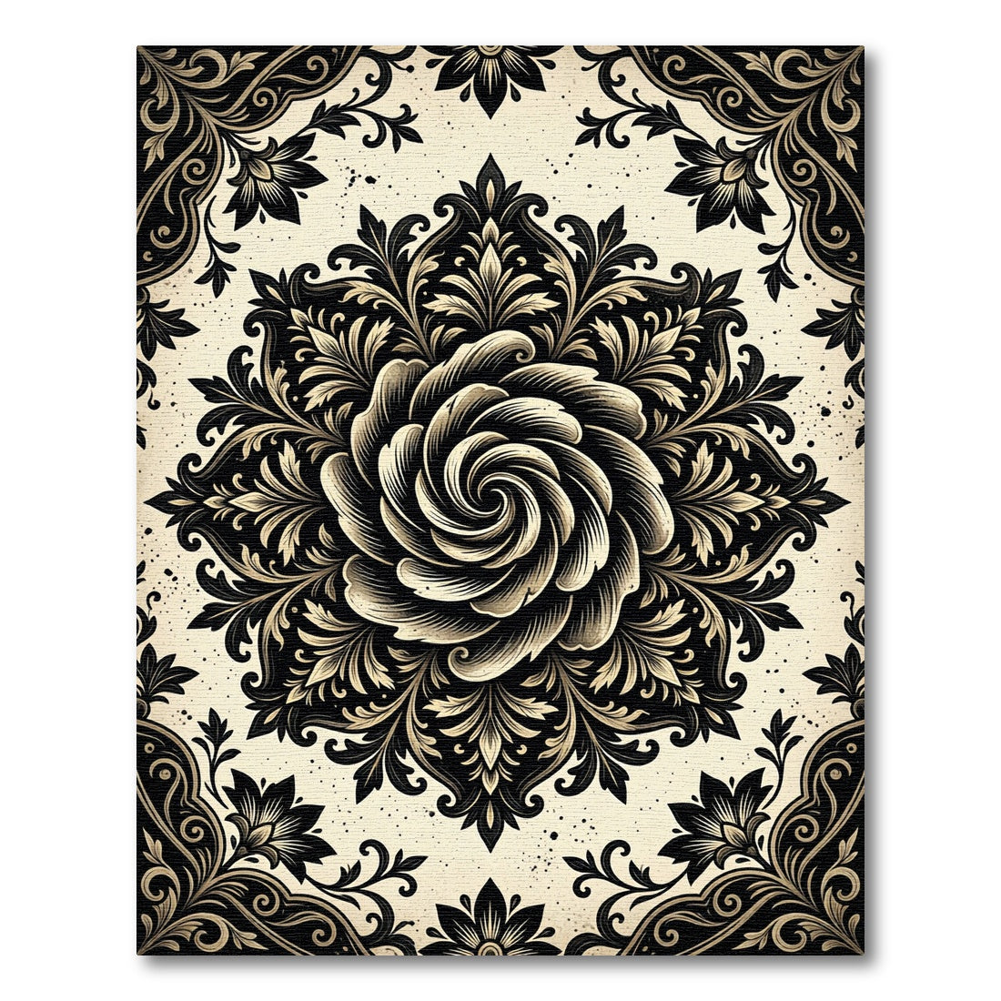 Dark Monochrome Floral Swirl Medallion Rug