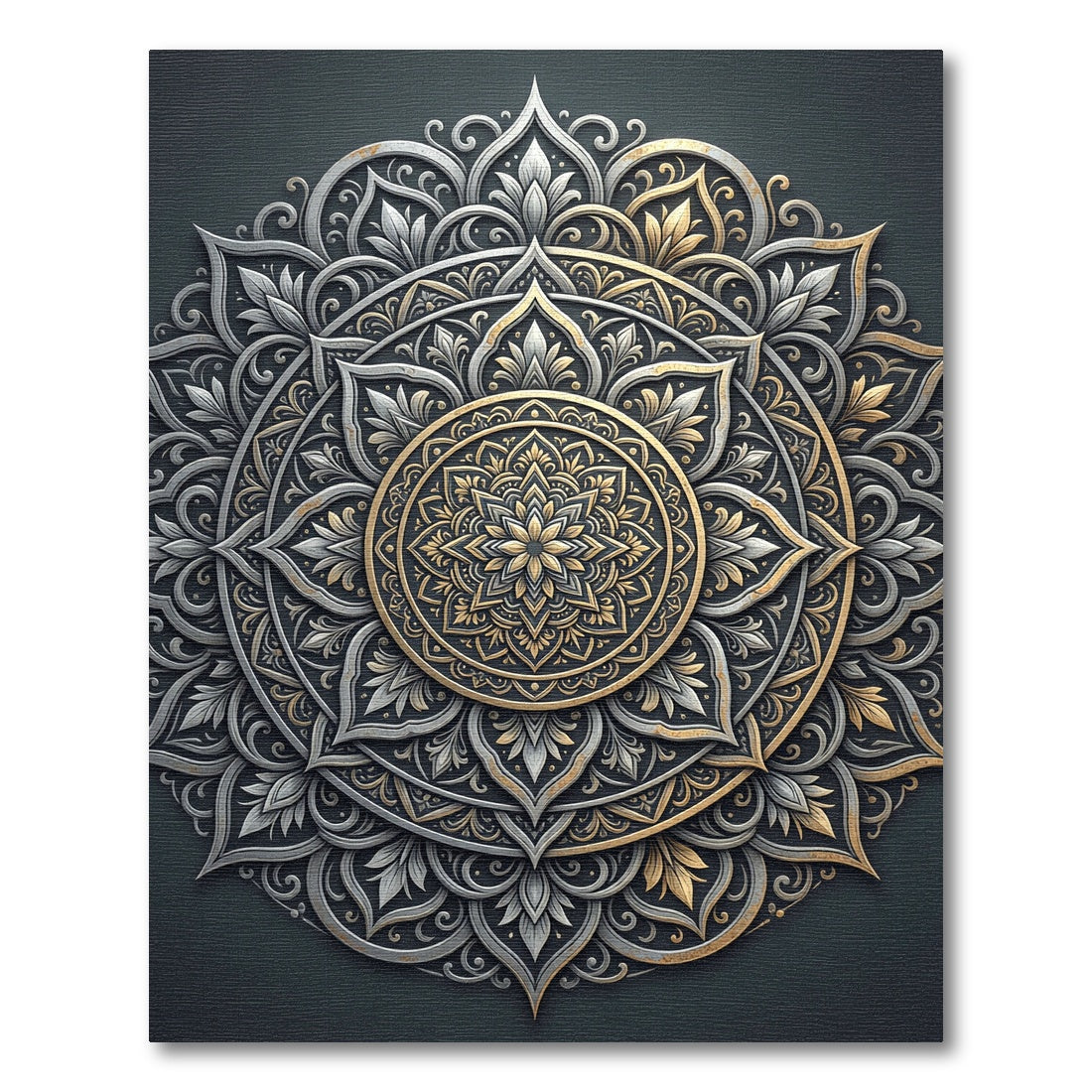 Ornate Silver and Gold Mandala Medallion Rug