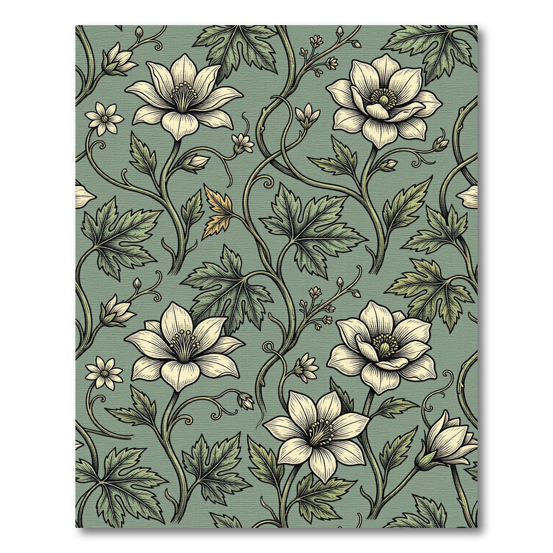 Vintage Sage Green Botanical Clematis Rug