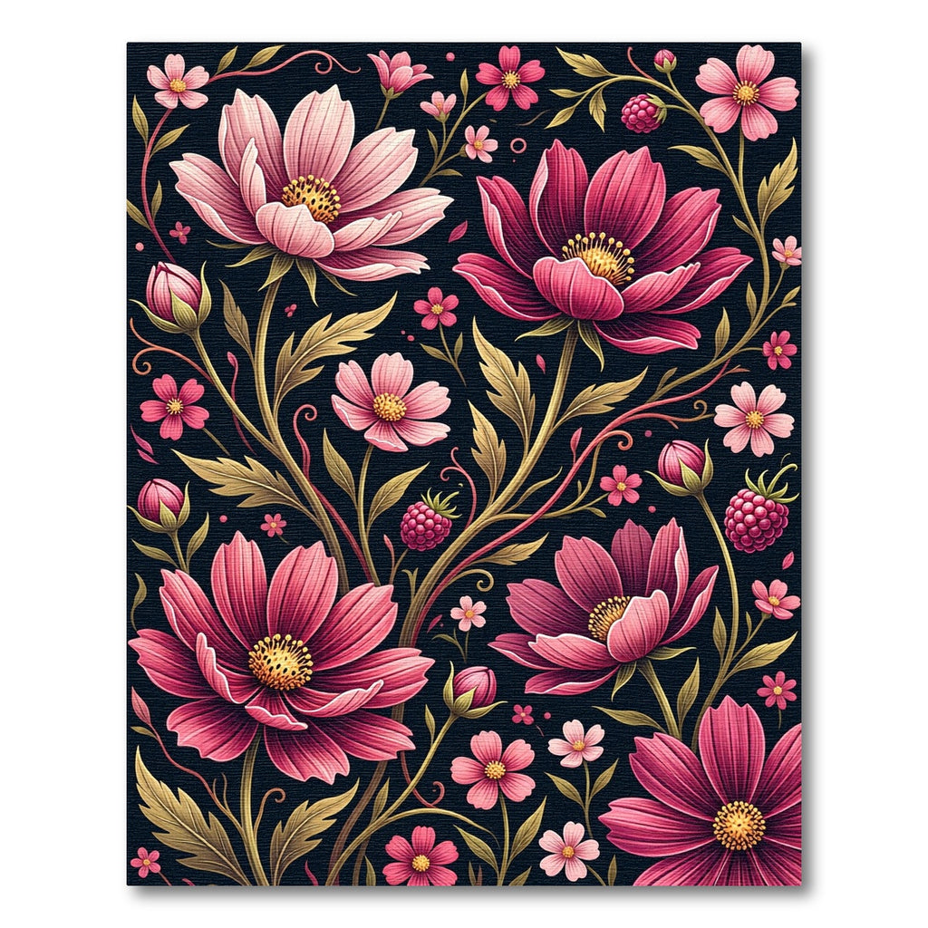 Elegant Pink Cosmos Berry Botanical Art Rug