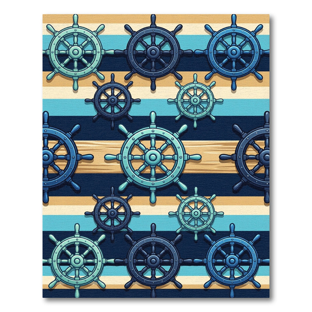 Nautical Blue Ship Wheel Striped Art Rug